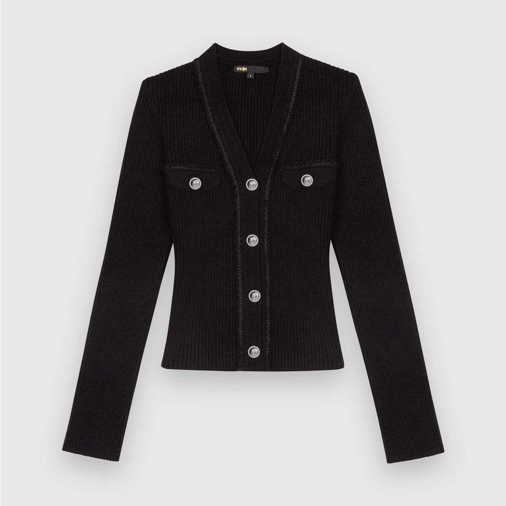 Maje Black Ribbed Cardigan with Silver Buttons - Picture 8 of 15